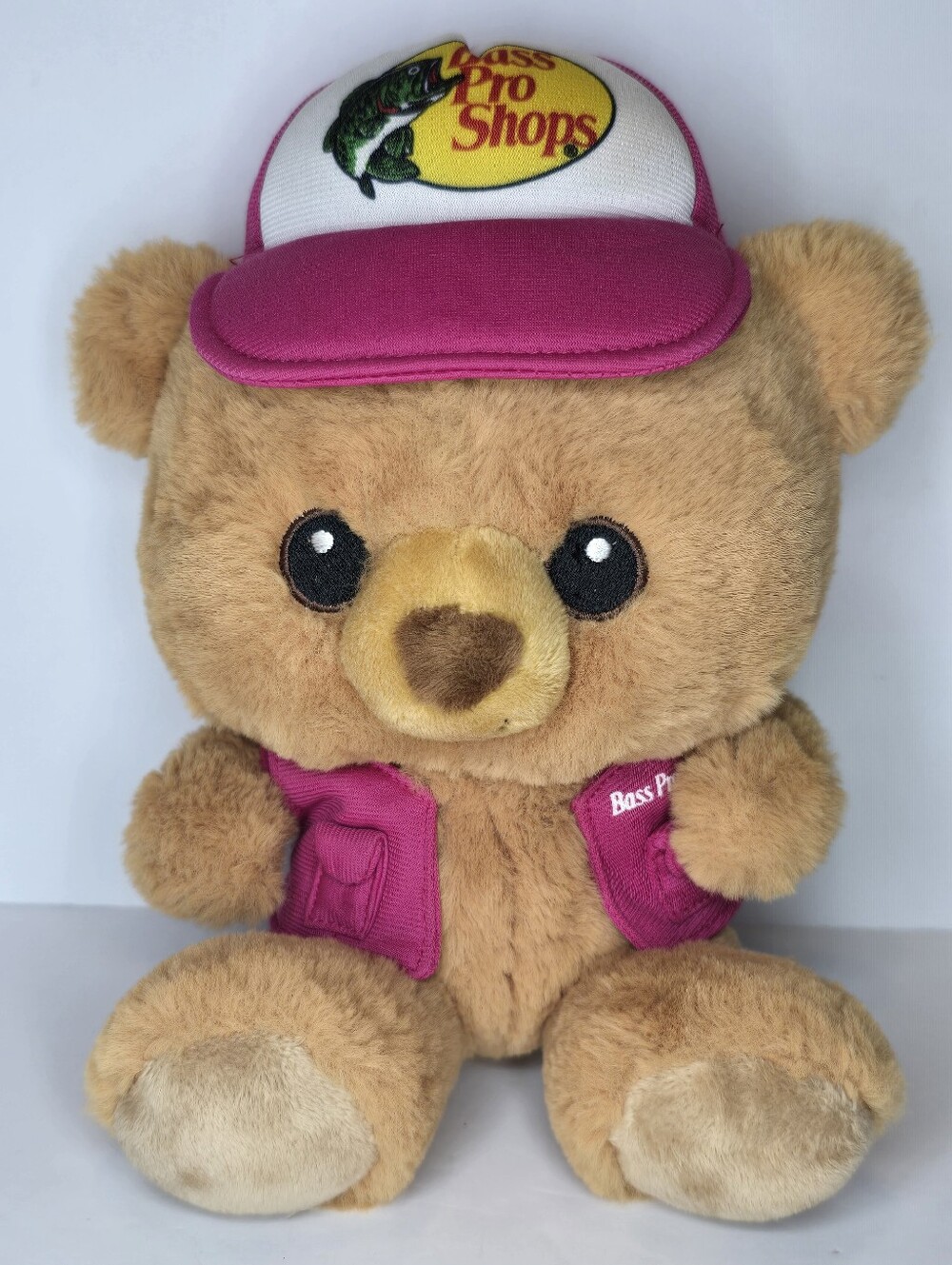 Bass Pro Shops Trucker Hat Bear Plush Stuffed Animal Pink Vest Cap 9” Toy 2024